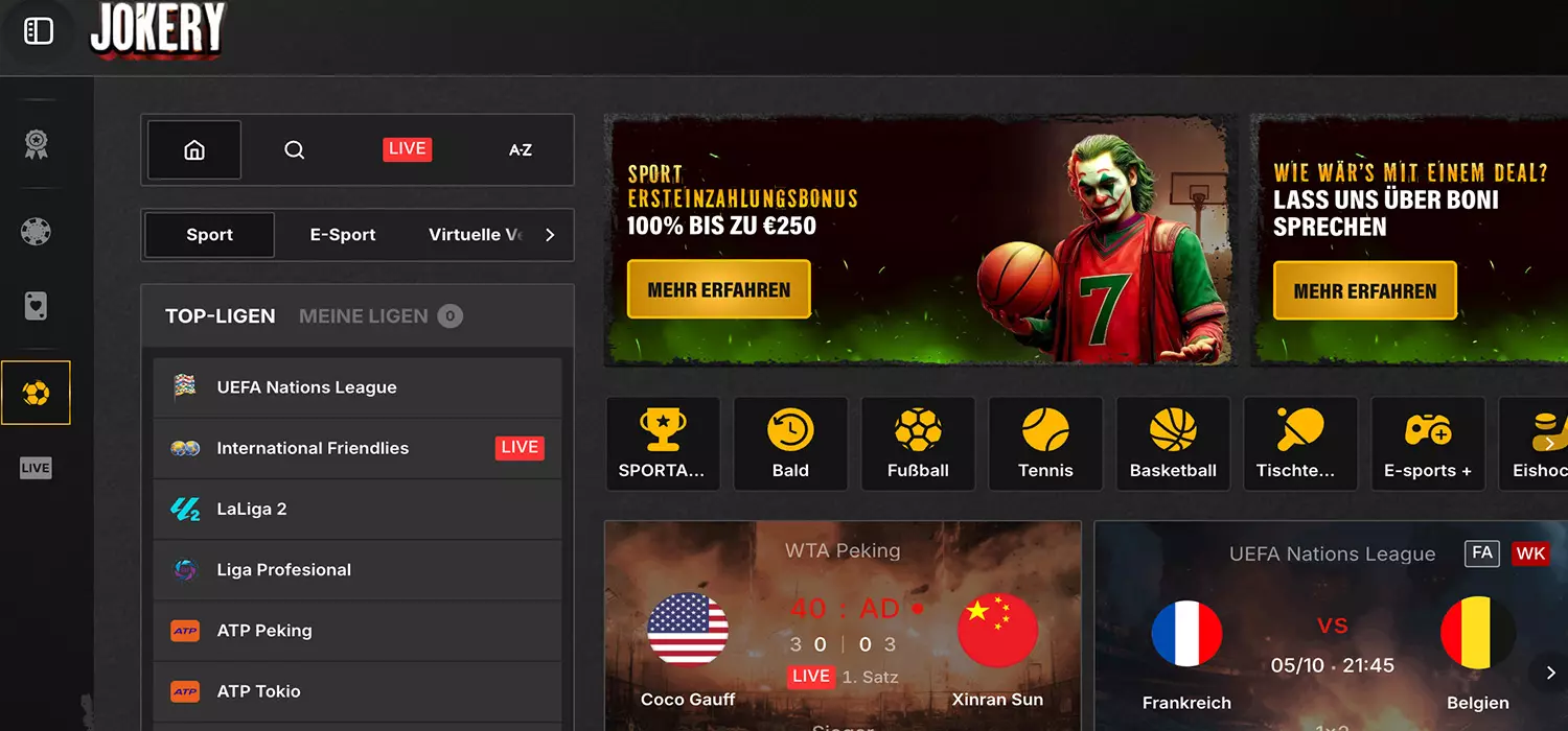 Jokery als Buchmacher ohne Verifizierung mit tiefem Wettangebot und Esports